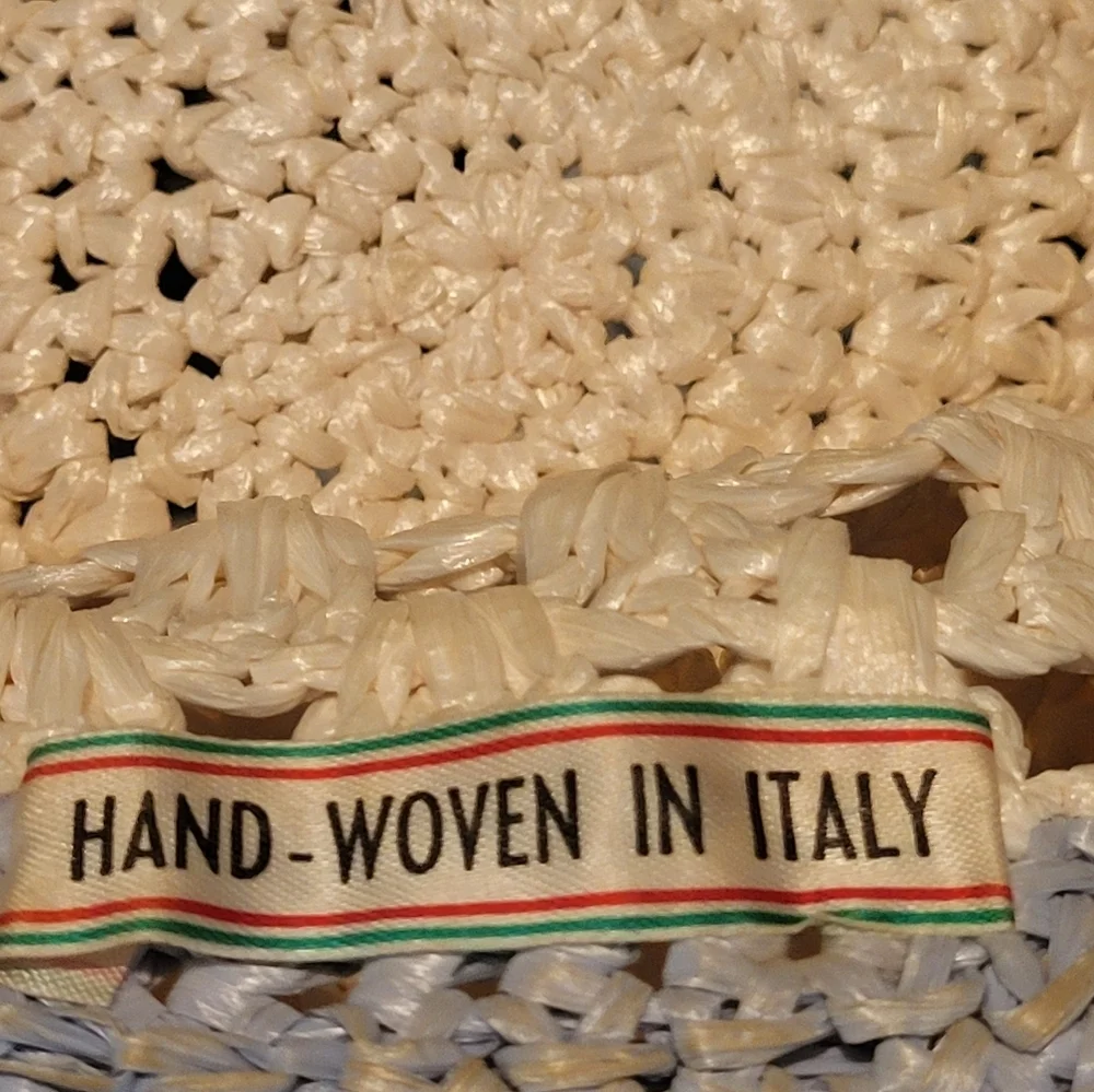 1960s Handwoven In Italy White Raffia Bucket/Sun Hat Blue Trim One Size